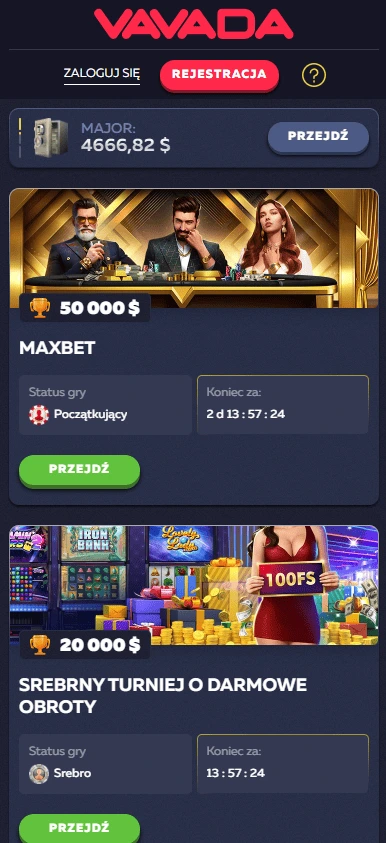 Interfejs gier kasyna Vavada pokazuj?cy ró?ne promocje: jackpot Major 4666,82$, turniej Maxbet 50000$ oraz srebrny turniej darmowych obrotów z miniaturami gier kasynowych.